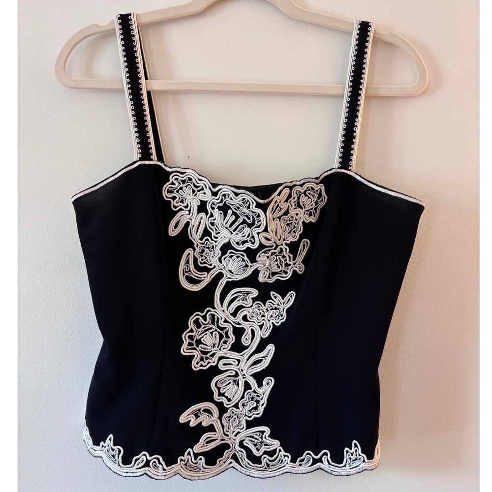 Vintage Y2K Maggy London Black White Floral Soutache Embroidered Cami Top 10P